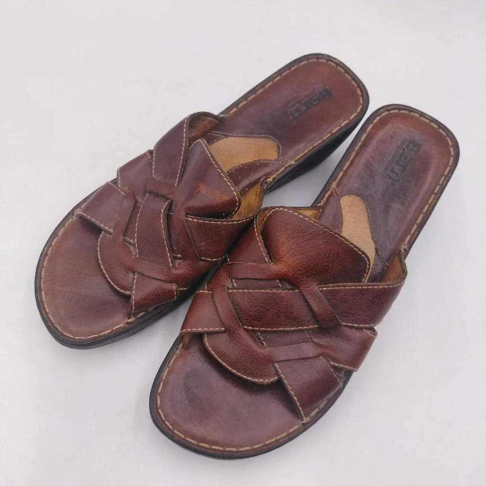 Born Womens Brown Leather Woven Slide Wedge Sandals W5077 K5 Size 11 43 Boho